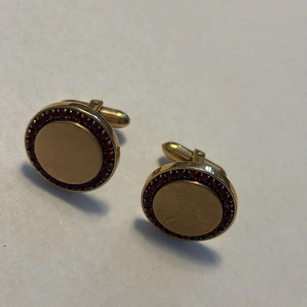 Vintage red Rhinestone circle design Engravable gold tone cufflinks